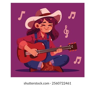 This enchanting illustration, titled “Sweet Melodies Under the Stars,” features a charming cartoon girl joyfully playing the guitar