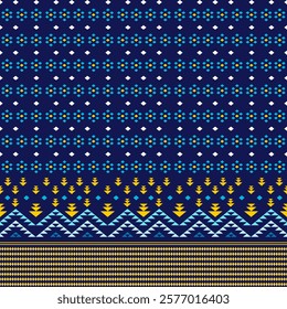 This enchanting pattern combines a starry night aesthetic with traditional geometric elements. The deep navy background is adorned with delicate white dots and turquoise flower-like motifs.