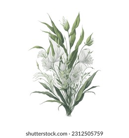 Diese bezaubernde Vektorgrafik zeigt einen wunderschönen Hochzeitsstrauß mit zarten Brissia-Blumen in Aquarell. Ideal für Einladungen, Hochzeitsdesigns und romantische Projekte