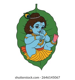 Esta ilustração digital encantadora e vibrante retrata lindamente Bal Mukund (Baby Krishna) descansando graciosamente em uma folha sagrada de banyan