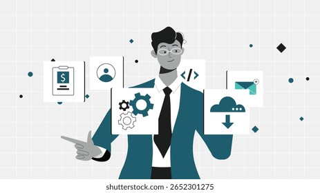 This engaging vector illustration features a professional businessman in a suit, surrounded by digital icons representing finance, coding, cloud computing, and settings. 