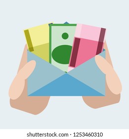 This Is Envelope With Wage. In This Envelope Different Banknotes. Employee Is Paid Under The Table. Off The Books. Bribery Concept. Flat Design. Vector Business Illustration.