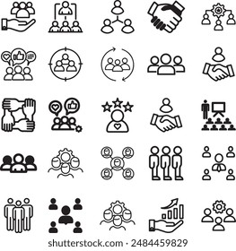 This EPS file contains a collection of 25 black and white icons representing various concepts related to business, teamwork, and collaboration.