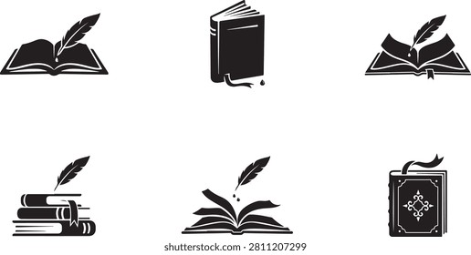 This EPS image features six different illustrations of books, some with feathers, in a simple design, suitable for educational or literary purposes.