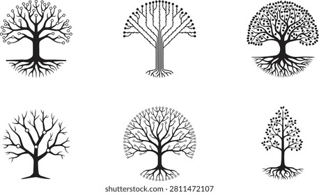 This EPS image features six tree icons with varying branch and root structures, symbolizing growth and connection in medical, biological, or chemical contexts.