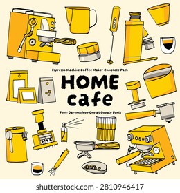This is an esspresso home cafe complete coffee tools package hand-drawn vector illustration for your design needs