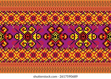 This ethnic textile pattern blends, ethnic design, geometric,Tribal,Folk,Cultural heritage design elements with bright floral motifs. Ideal for backgrounds, fabrics, crafts, artistic applications.