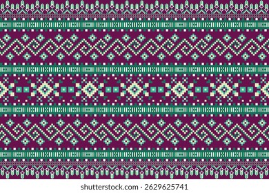 This ethnic textile pattern reflects tribal heritage through geometric shapes and traditional designs. The textile pattern features vector textile art with ethnic fabric charm in rich purple tones.