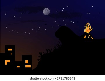 Esta pieza evocadora captura un momento de armonía celestial y fuego terrestre. Dominado por una silueta profunda y monocromática, el primer plano presenta un acantilado irregular que se asemeja a una bestia dormida, protegiendo un grupo de brillantes cuadras de la ciudad de los Elementos.

La composición está anclada por una erupción vibrante en la distancia, no como un desastre, sino como una danza rítmica y dorada de luz que imita el calor de las ventanas de abajo. Debajo de un dosel polvoriento de estrellas y una luna vigilante, la Imagen Explore el concepto de "hogar" existente en la puerta del infinito. Es un tributo minimalista pero poderoso a la interconexión de lo cósmico, lo volcánico y lo humano.