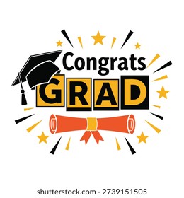 This exciting 'Congrats Grad' design features a graduation cap, a diploma, and dynamic starbursts, creating a celebratory atmosphere for graduates.