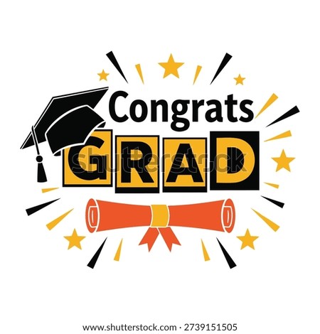 This exciting 'Congrats Grad' design features a graduation cap, a diploma, and dynamic starbursts, creating a celebratory atmosphere for graduates.