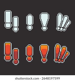 Este es el icono de signo de exclamación en el arte del píxel con color colorido y fondo negro Este artículo es bueno para presentaciones, pegatinas, iconos, diseño de camiseta, activo de juego, logotipo y su proyecto.
