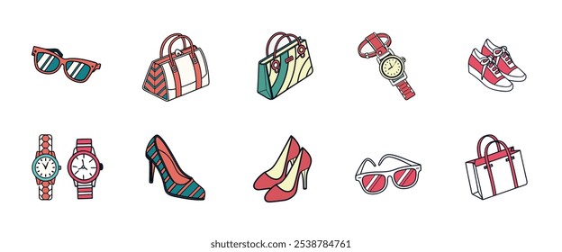 This exclusive fashion icon vector bundle offers a variety of trendy and stylish fashion accessories, including high heels, handbags, sunglasses, watches, jackets, and hats.