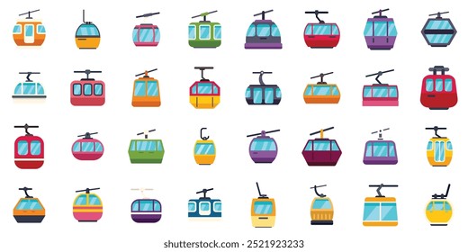 Esta extensa coleção apresenta diversos ícones de gôndola funiculares e de teleféricos, ideais para projetos relacionados ao turismo de montanha, transporte urbano ou viagens