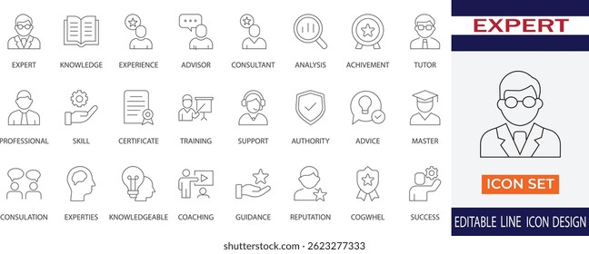 Este conjunto de ícones de especialistas representa elementos-chave de conhecimento profissional e consultoria. Inclui símbolos para habilidades, consultor, certificado, consulta, experiência, realização, suporte e sucesso