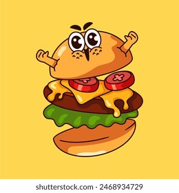 This expressive and cheerful burger character vector includes individually separated layers for each component. Perfect for projects that need a fun, detailed, and customizable food illustration.