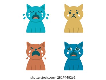 This expressive and humorous vector graphic features a collection of four colorful cute cat characters displaying various stages of crying, sadness, and weeping with visible teardrops. Rendered in a playful and clean flat cartoon style against a white background, these versatile illustrations are perfect for stickers, chat emojis, memes, social media content, or fun pet-themed creative projects.

#CryingCat #CuteKittens #CatEmotions #FunnyCats #SadCatMeme #VectorIllustration #CharacterDesign #PetStickers #CartoonCats #AnimalArt