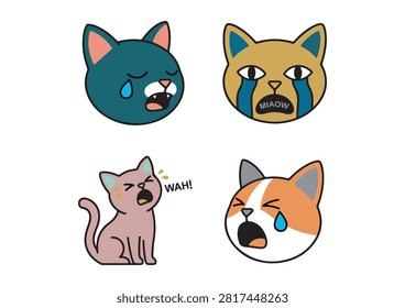 This expressive and humorous vector graphic features a collection of four cute cat characters displaying various stages of crying, sadness, and wailing. The set includes a dark blue kitten shedding a tear with an open mouth, a golden cat with blue tear marks and text, a pink cat sitting down and crying out loud with a speech bubble, and an orange-and-white cat head wailing with a teardrop. Rendered in a playful cartoon style, these versatile illustrations are perfect for stickers, chat emojis, memes, social media content, or fun pet-themed projects.

#CryingCat #CuteKittens #CatEmotions #FunnyCats #SadCatMeme #VectorIllustration #CharacterDesign #PetStickers #CartoonCats #AnimalArt