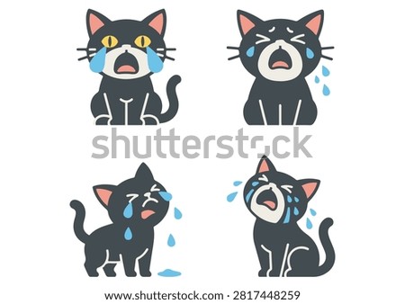 This expressive and humorous vector graphic features a collection of four cute black cat characters displaying various stages of crying, sadness, and wailing with streaming blue tears. Rendered in a playful and clean cartoon style against a white background, these versatile illustrations are perfect for stickers, chat emojis, memes, social media content, or fun pet-themed creative projects.

#CryingCat #BlackCat #CuteKittens #CatEmotions #FunnyCats #SadCatMeme #VectorIllustration #CharacterDesign #PetStickers #CartoonCats