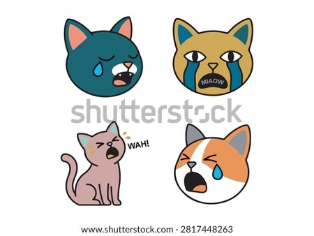 This expressive and humorous vector graphic features a collection of four cute cat characters displaying various stages of crying, sadness, and wailing. The set includes a dark blue kitten shedding a tear with an open mouth, a golden cat with blue tear marks and text, a pink cat sitting down and crying out loud with a speech bubble, and an orange-and-white cat head wailing with a teardrop. Rendered in a playful cartoon style, these versatile illustrations are perfect for stickers, chat emojis, memes, social media content, or fun pet-themed projects.

#CryingCat #CuteKittens #CatEmotions #FunnyCats #SadCatMeme #VectorIllustration #CharacterDesign #PetStickers #CartoonCats #AnimalArt