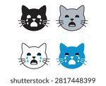 This expressive vector graphic features a collection of four sad cat face icons displaying crying emotions and falling tears. The set includes four distinct color variants: a solid black cat head with white tears, a grey cat with blue tears, a 

#SadCat #CatIcons #CryingCat #CatEmotions #PetStickers #AnimalArt #VectorIllustration #EmojiDesign #CuteCats #SadFace
