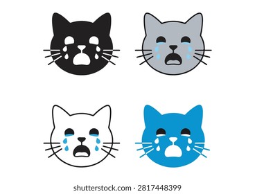 This expressive vector graphic features a collection of four sad cat face icons displaying crying emotions and falling tears. The set includes four distinct color variants: a solid black cat head with white tears, a grey cat with blue tears, a 

#SadCat #CatIcons #CryingCat #CatEmotions #PetStickers #AnimalArt #VectorIllustration #EmojiDesign #CuteCats #SadFace