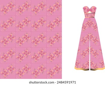 This exquisite garment is a masterpiece of design, featuring a mesmerizing pattern that weaves together bold pink hues with shimmering gold accents