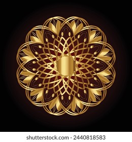 This exquisite mandala design showcases intricate patterns of shimmering gold against a backdrop of rich, deep hues. Radiating from the center like a sunburst, delicate petals, geometric shapes