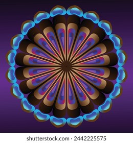 This exquisite mandala design showcases intricate patterns of shimmering gold against a backdrop of rich, deep hues. Radiating from the center like a sunburst, delicate petals, geometric shapes
