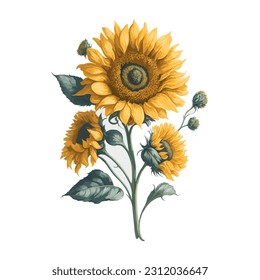 This exquisite piece of art showcases the graceful charm of sunflowers in a watercolor medium. Whether used in prints, cards, or home decor, this depiction adds a touch of nature's brilliance.