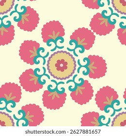 This exquisite seamless pattern by Suzan showcases a harmonious blend of modern and abstract design elements. With a delicate interplay of bold geometric shapes and organic forms. Uzbekistan culture