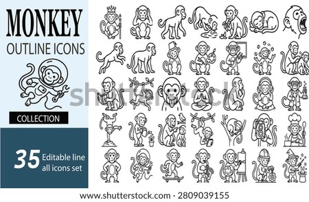 This extensive collection features outline icons of playful monkeys performing various human professions and natural actions