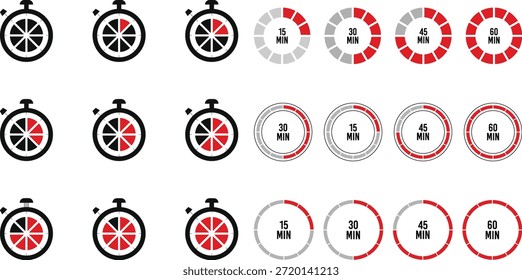 This extensive collection features a variety of timer and stopwatch icons, predominantly in striking red and sleek grey color schemes. The icons include both traditional stopwatch designs and circular progress indicators, clearly marking durations such as 15, 30, 45, and 60 minutes. This versatile set is ideal for displaying countdowns, managing tasks, illustrating time-sensitive processes, or enhancing user interfaces in applications related to sports, cooking, productivity, or any time-based activity.
