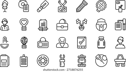 Diese umfangreiche Kollektion enthält eine Vielzahl von minimalistischen Gliederungssymbolen, die gängige Unternehmenstechnologie und Personenkonzepte für moderne Grafikdesign-Projekte darstellen