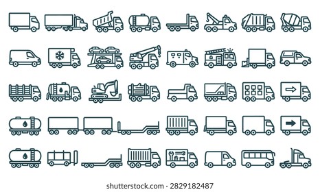 This extensive icon sheet provides a wide variety of commercial transportation and logistics icons. Each icon is designed with clean, dark outlines on a plain white background, making them perfect for web design, apps, and infographics. The set covers everything from standard delivery vans and refrigerated trucks to specialized vehicles like car carriers, cement mixers, emergency fire trucks, and heavy-duty construction haulers.