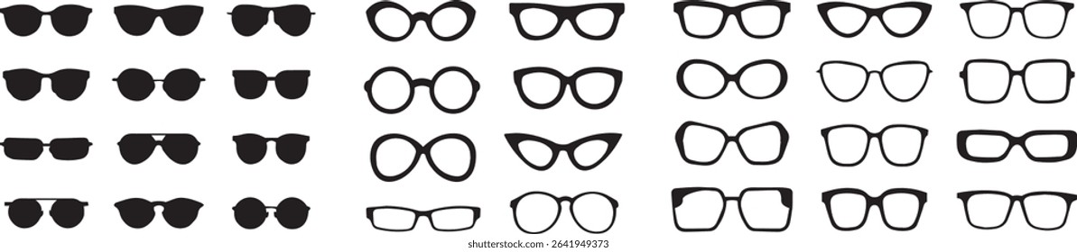 This extensive vector icon set features a diverse range of glasses and sunglasses styles, perfect for conveying fashion, vision, and optical themes. The collection includes both solid black silhouette