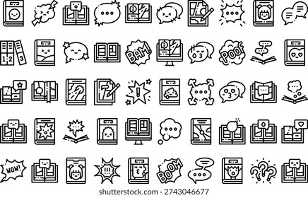 This extensive vector illustration features a large collection of monochrome outline icons, showcasing various books combined with expressive speech bubbles, symbols, and comic elements, visually representing storytelling, imaginative reading, comic books, and diverse literary concepts for creative projects and digital design needs.