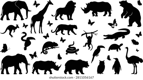 This extensive vector set features a diverse collection of black silhouettes representing mammals, birds, reptiles, and butterflies. It is ideal for zoo branding, educational wildlife posters, and nature-themed marketing materials.
