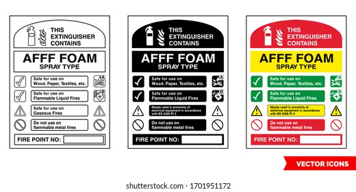 This extinguisher contains afff foam spray type fire extinguisher id sign icon of 3 types: color, black and white, outline. Isolated vector sign symbol.