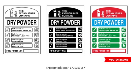 This extinguisher contains dry powder fire extinguisher id sign icon of 3 types: color, black and white, outline. Isolated vector sign symbol.