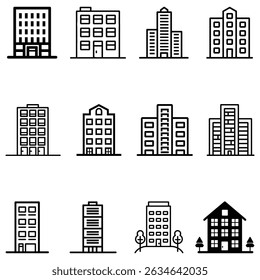 Esta atraente coleção apresenta doze ícones de edifícios diferentes em um estilo limpo e monocromático, retratando diversas formas arquitetônicas que vão desde arranha-céus a casas acolhedoras com árvores.