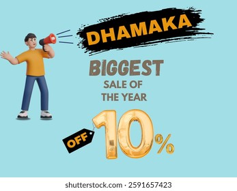 This eye-catching "Dhamaka" Sale banner offers a massive 10% discount, featuring a 3D character with a megaphone and bold golden text. Perfect for e-commerce, retail, and social media promotions.