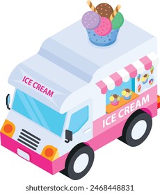 Diese auffällige isometrische Eiscreme-LKW-Vektorgrafik ist perfekt, um Ihren Designs einen Hauch von Sommerspaß zu verleihen.