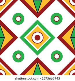 This eye-catching pattern features a repeating design of circles, squares, and triangles in vibrant red-orange and green.