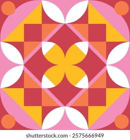 This eye-catching pattern features a repeating design of circles, squares, and triangles in vibrant red-orange and green.