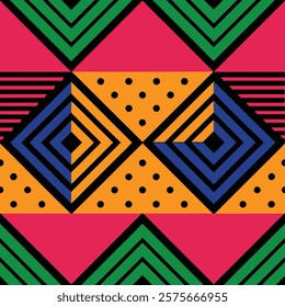 This eye-catching pattern features a repeating design of circles, squares, and triangles in vibrant red-orange and green.