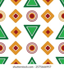 This eye-catching pattern features a repeating design of circles, squares, and triangles in vibrant red-orange and green.