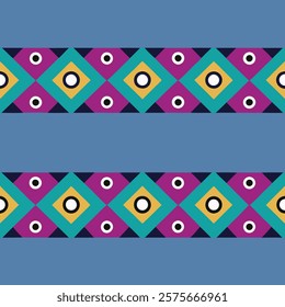 This eye-catching pattern features a repeating design of circles, squares, and triangles in vibrant red-orange and green.