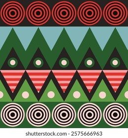 This eye-catching pattern features a repeating design of circles, squares, and triangles in vibrant red-orange and green.