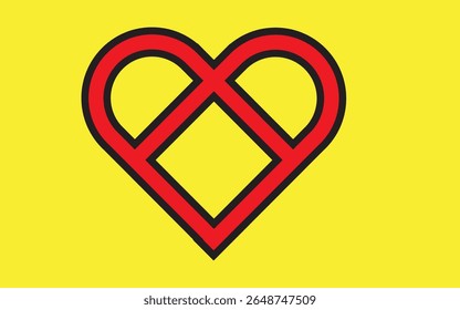This eye-catching vector graphic features a bold red geometric heart design outlined in black, set against a vibrant yellow background.